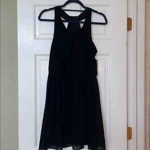 A BYER black midi dress with chiffon overlay